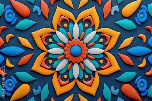 A colorful and symmetrical floral pattern with multiple shapes and shades