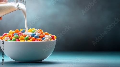 Colorful Cereal with Milk Pouring, Breakfast Delight