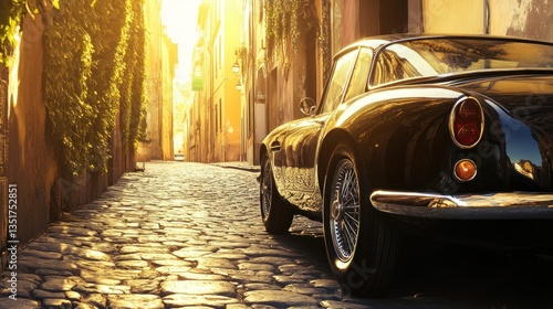 Classic Car in Sunlit Cobblestone Street