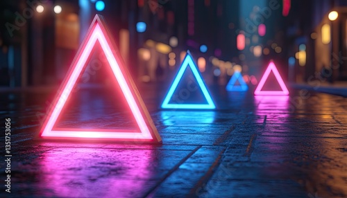 Lit Triangles Lined On A Road Reflecting Colorful Urban Lights