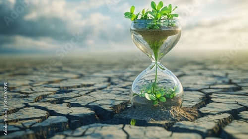 Hourglass of life with fragile plants on cracked ground