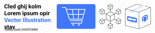 Shopping cart icon, network nodes representing connectivity, and delivery box with shop label. Ideal for retail, logistics, online shopping, e-commerce, technology, supply chain simple landing page