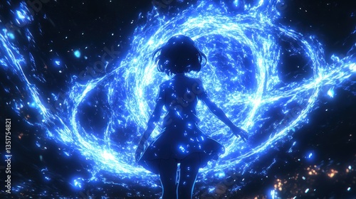 Girl creating swirling blue energy vortex in night sky background
