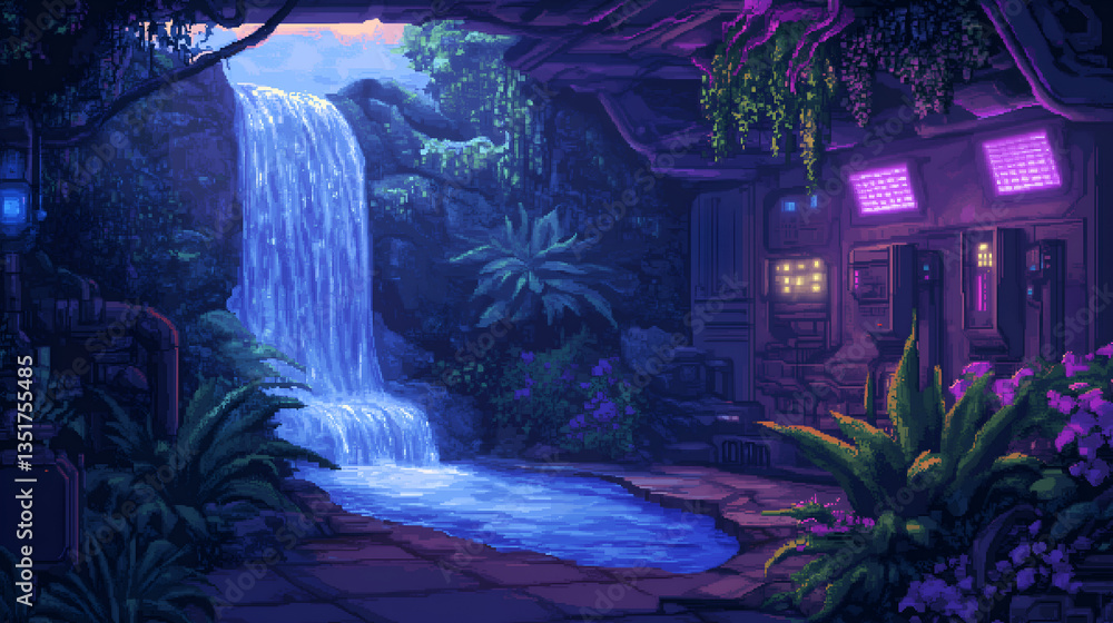 Fototapeta premium Futuristic space colony atrium with alien waterfalls and glowing plants