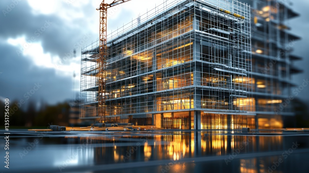 Night Construction: Modern Building Under Construction Reflected in Wet Ground Night Construction: Modern Building Under Construction Reflected in Wet Ground