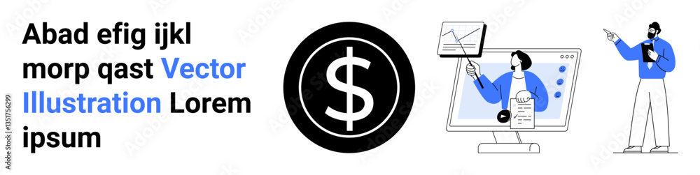 Dollar sign surrounded by professionals analyzing data on monitor, charts, and business tools. Ideal for finance, investment, accounting, business strategy, teamwork, communication simple landing Dollar sign surrounded by professionals analyzing data on monitor, charts, and business tools. Ideal for finance, investment, accounting, business strategy, teamwork, communication simple landing