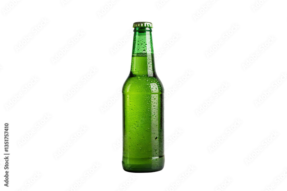Full green beer bottle stands tall, beads of cold moisture cling to the surface. Bright and clear, it’s sealed and glowing, isolated on a transparent background Full green beer bottle stands tall, beads of cold moisture cling to the surface. Bright and clear, it’s sealed and glowing, isolated on a transparent background