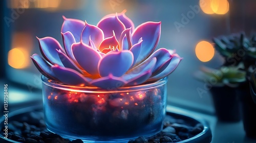 A blue flower in a glass bowl with a light shining on it