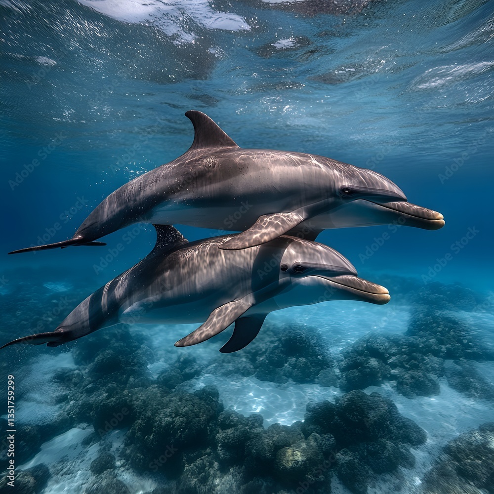 Naklejka premium Dolphins swimming coral reef ocean underwater wildlife