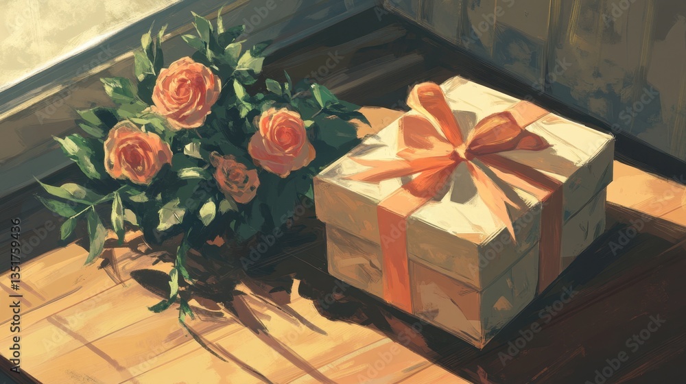 Obraz premium A beautifully wrapped gift box with a soft pink ribbon next to a bouquet of roses on a wooden table