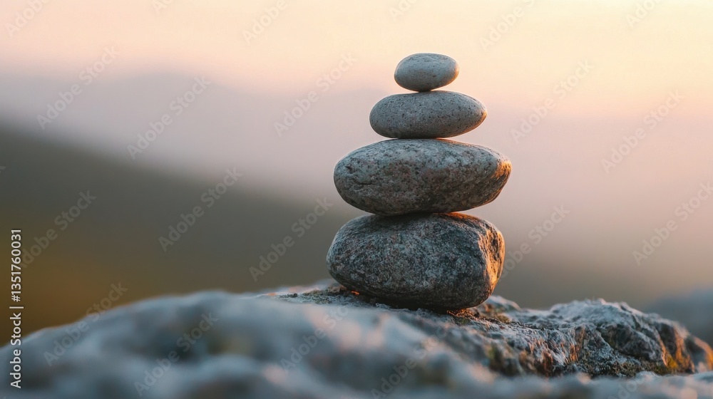 A serene stack of grey stones balanced precariously atop a larger rock at sunset with a hazy mountain background providing a sense of peace and tranquility. A serene stack of grey stones balanced precariously atop a larger rock at sunset with a hazy mountain background providing a sense of peace and tranquility.