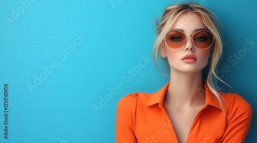 Attractive blonde woman with sunglasses and orange shirt posing gracefully