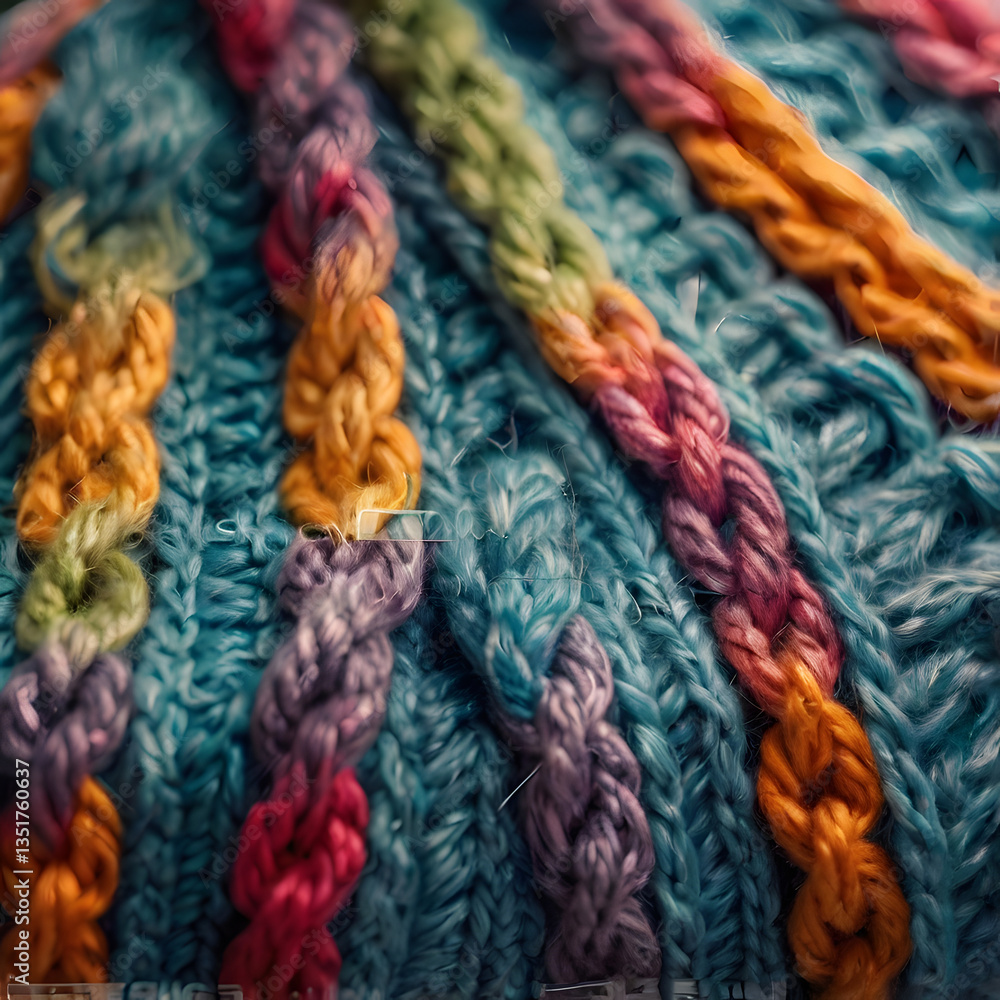Braided Texture of Colorful Yarn: An eye-level shot showcases the vibrant and intricate braiding of a handcrafted beanie, with close-up detail highlighting the colorful yarn's texture. Braided Texture of Colorful Yarn: An eye-level shot showcases the vibrant and intricate braiding of a handcrafted beanie, with close-up detail highlighting the colorful yarn's texture.