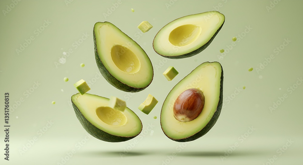 Levitation of avocado slices on a green background. Levitation of avocado slices on a green background.