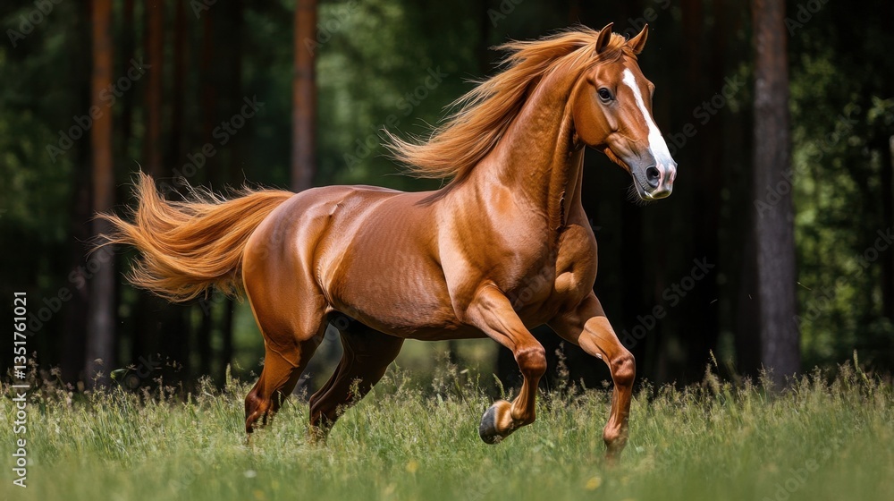 Naklejka premium A chestnut horse runs through a field with tall trees swaying in the background