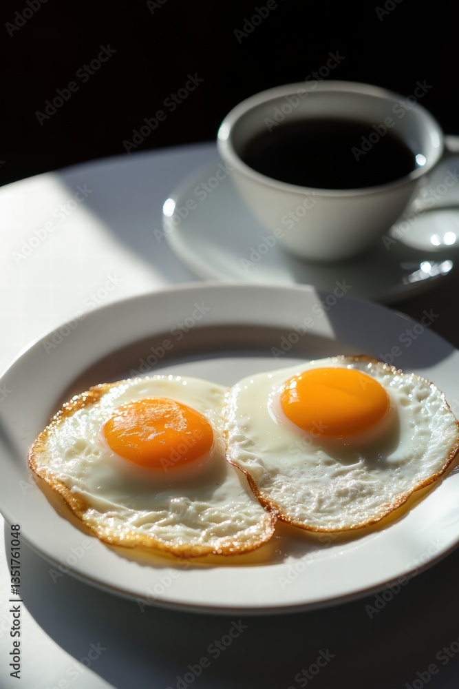 Fried Eggs on a Plate with Coffee Cup on a Light Table Surface Fried Eggs on a Plate with Coffee Cup on a Light Table Surface