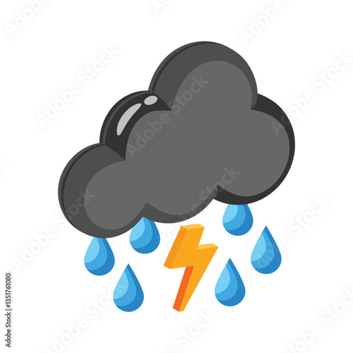 Easy to edit 3d style icon lightning storm cloud with raindrops