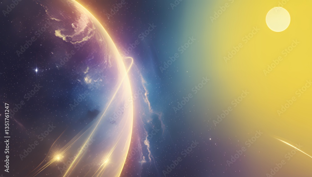 Obraz premium Colorful cosmic view with planet, rings, and sunlit sky background