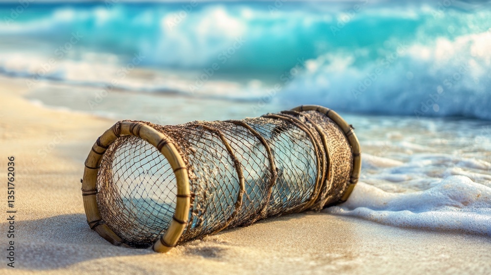 Fototapeta premium A cylindrical fishing trap net made of bamboo placed on a sandy beach with ocean waves in the background