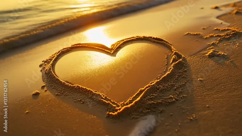 Heart drawn in sand on a golden beach at sunset, embodying love and tranquility