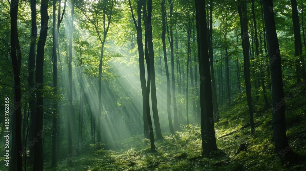 Fototapeta premium A dense green forest with sunlight filtering through the towering trees