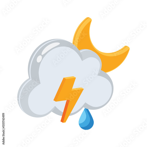 Night storm cloud with moon and lightning, 3d style icon