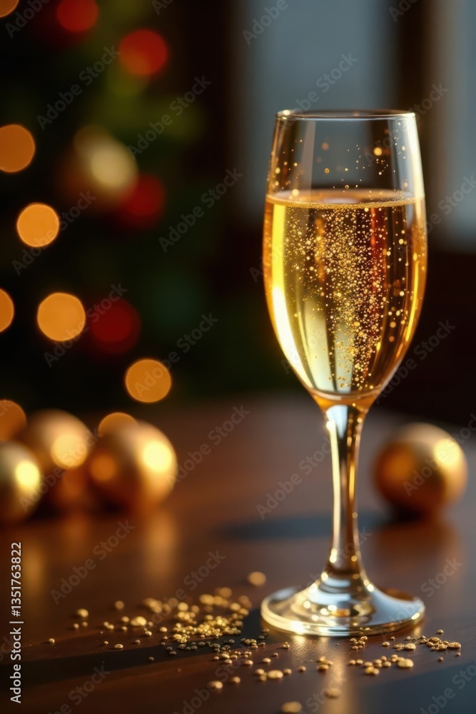 Festive champagne with gold confetti, copy space, shine, white, celebration Festive champagne with gold confetti, copy space, shine, white, celebration