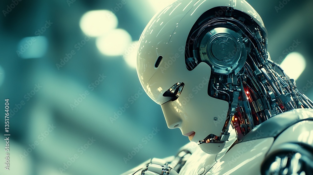 A futuristic robot looking down with a neutral expression A futuristic robot looking down with a neutral expression