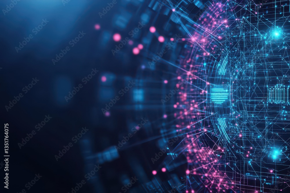 Vibrant blue and pink sphere surrounded by a network of connected lines representing modern technology and connectivity Vibrant blue and pink sphere surrounded by a network of connected lines representing modern technology and connectivity