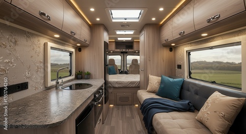 Interior of Modern Recreational Vehicle with Kitchen and Seating Area