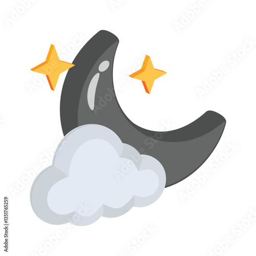 A 3d style icon of night sky cloud and moon with sparkling stars