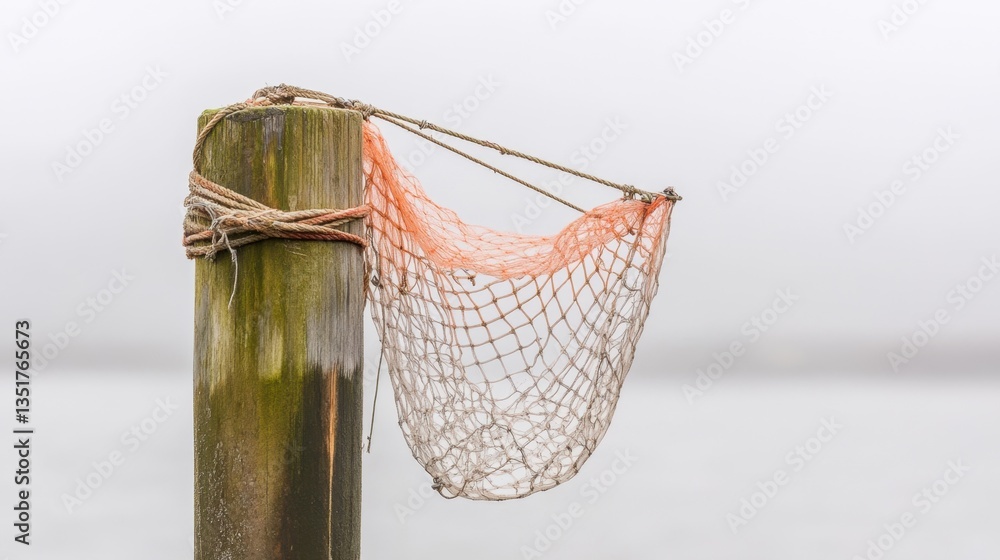 Obraz premium A fish trap net suspended from a dock post, swaying in the breeze