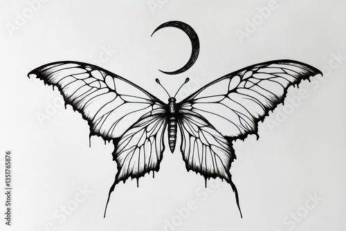 Ink butterfly moon design, artistic sketch, white background, tattoo art.