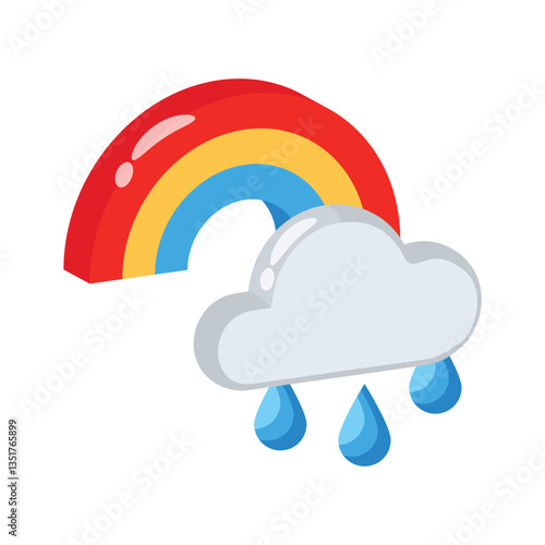 Visually appealing 3d style icon depicting rainy rainbow cloud with drops