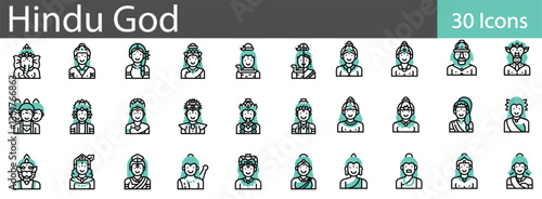 Hindu God Line Icons Collection. Deities, Mythology, Religious Symbols, and Spiritual Icons. Editable Stroke, Vector Illustration.