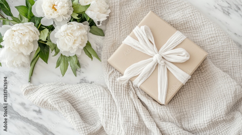 A high-end table setup with a luxury gift box and fresh-cut peonies A high-end table setup with a luxury gift box and fresh-cut peonies