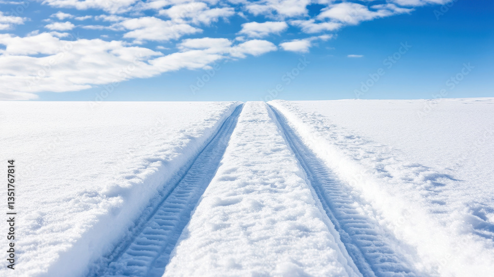 Fresh snow covers ground, with clear blue skies above. Sled tracks create scenic path through untouched white landscape, evoking sense of tranquility and adventure Fresh snow covers ground, with clear blue skies above. Sled tracks create scenic path through untouched white landscape, evoking sense of tranquility and adventure