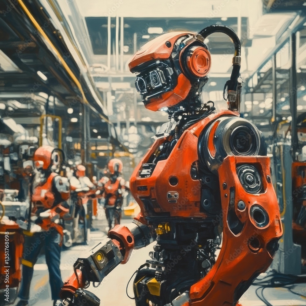 Red robot, factory setting, numerous similar robots. Red robot, factory setting, numerous similar robots.