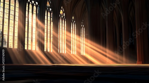 Light streams through stained glass windows in a grand, gothic-style interior