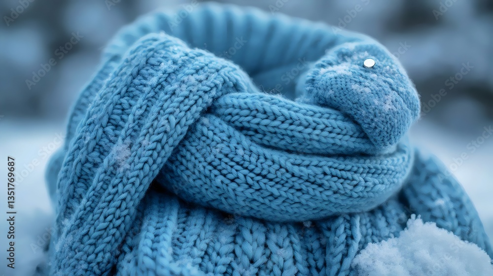 A blue scarf is knotted and wrapped around a person's neck A blue scarf is knotted and wrapped around a person's neck
