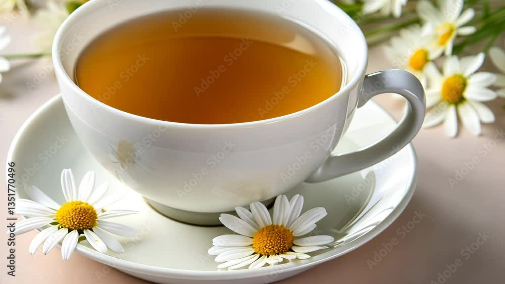 A steaming cup of tea is placed on a wooden table, surrounded by soft chamomile blooms, creating a tranquil scene perfect for unwinding and savoring the moment in a serene environment. A steaming cup of tea is placed on a wooden table, surrounded by soft chamomile blooms, creating a tranquil scene perfect for unwinding and savoring the moment in a serene environment.