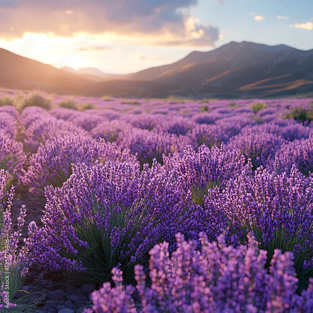 Obraz premium Tranquil lavender field bathed in golden sunset light with soft purple blooms image