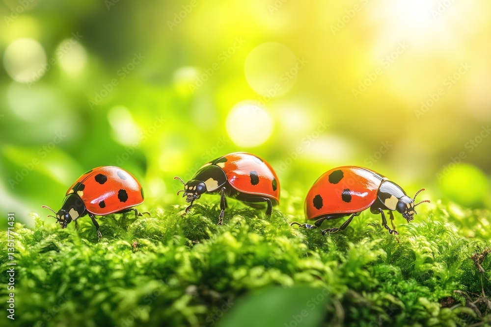 Fototapeta premium Three ladybugs walk on moss, sunny forest background, nature photography, spring