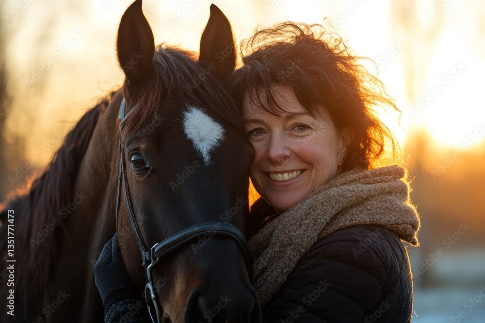 Obraz premium Woman hugs horse sunset winter farm
