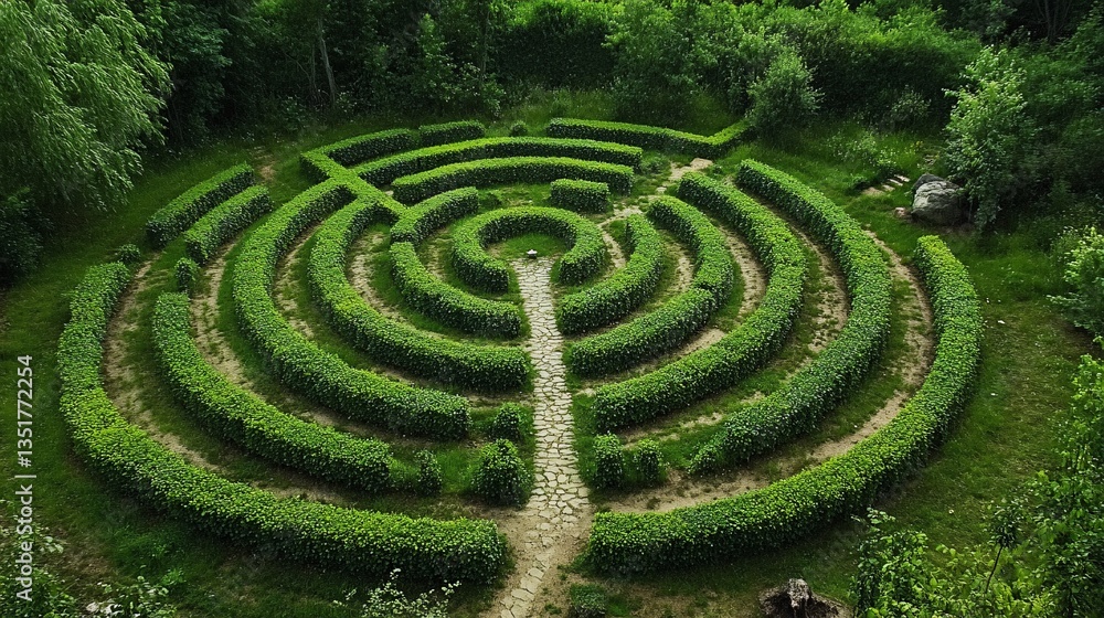 Aerial view of a circular hedge maze in a forest.  Possible use travel brochure