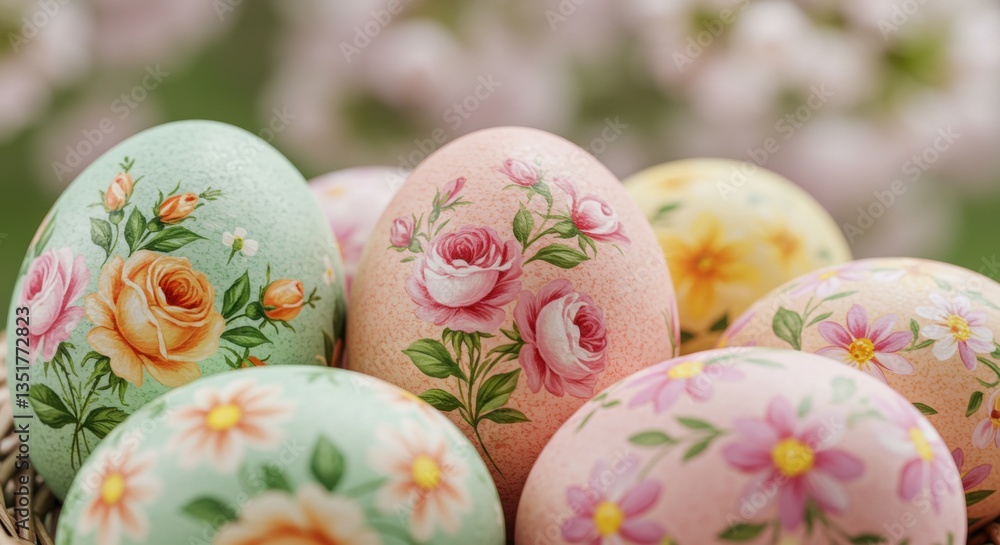 Fototapeta premium Colorful Easter eggs decorated with floral patterns in a basket 