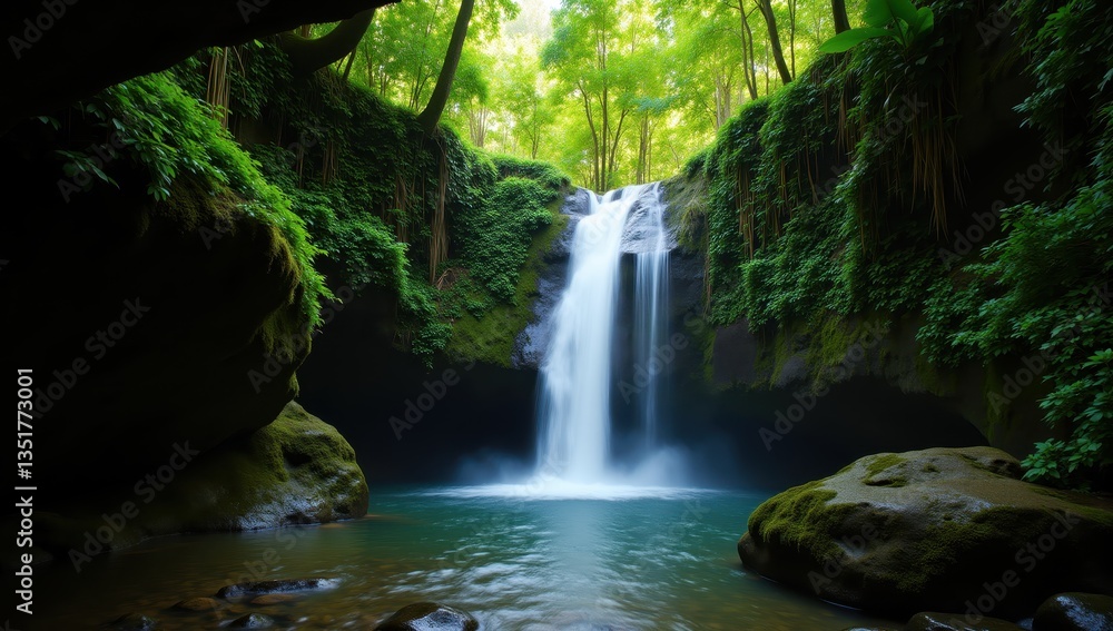 Fototapeta premium Tranquil Hidden Waterfall Cascading Over Moss Covered Rocks