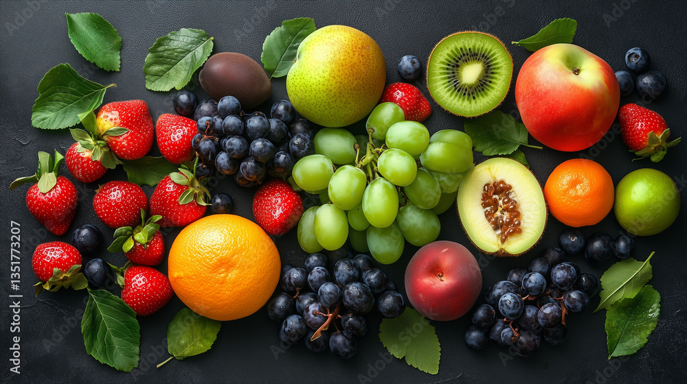 A medley of mixed fruits, artfully arranged in a flat lay, created a stunning overhead display of nature's bounty. A medley of mixed fruits, artfully arranged in a flat lay, created a stunning overhead display of nature's bounty.