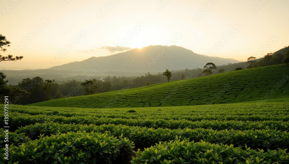 Fototapeta premium Panoramic View of Lush Green Tea Plantation at Golden Hour