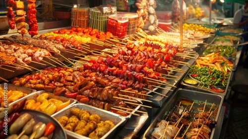 A vibrant street food market in Bangkok, full of sizzling woks, colorful spices, and delicious dishes like Pad Thai, Som Tum, and grilled skewers. The night market is bustling with people.